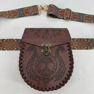 Vintage Dark Academia Celtic Dragons Tooled Leather Belt Bag Sling Fanny Pack
